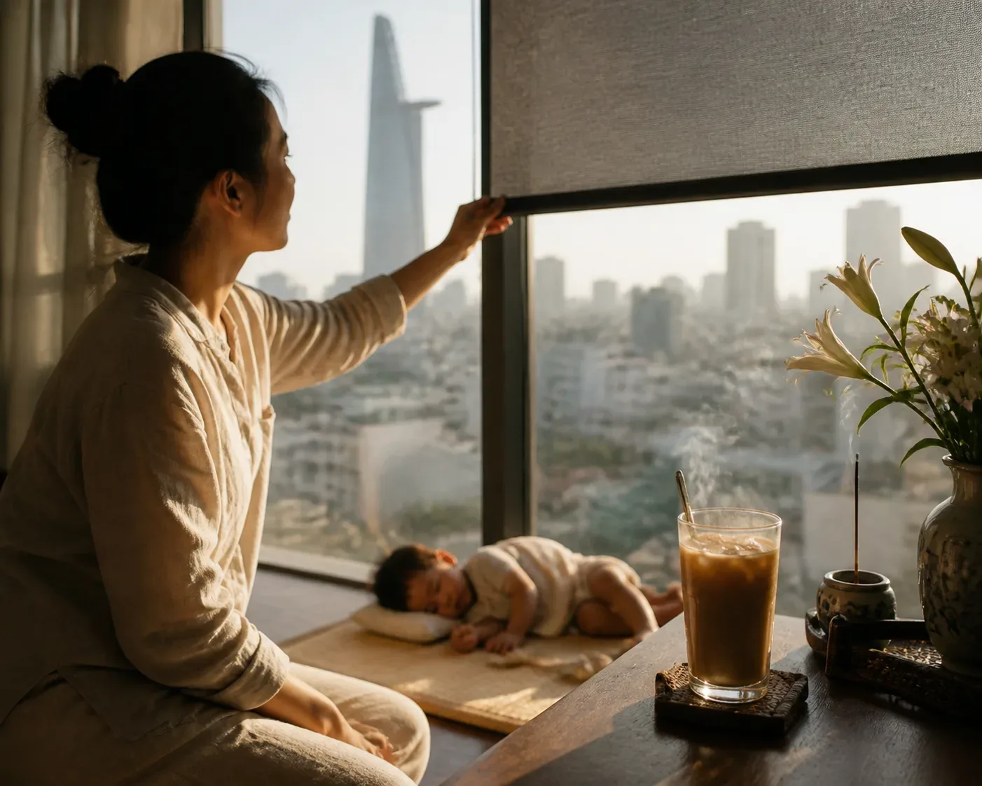 Không gian dùng rèm cuốn hoặc giải pháp che nắng theo đúng ngữ cảnh của bài Lắp đặt rèm cửa Bình Dương: Quy trình khảo sát và thi công gọn