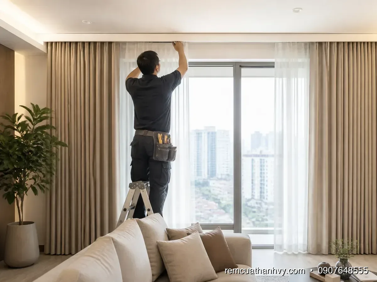 Featured image for custom-made curtains Advice on choosing automatic curtains for living rooms, bedrooms, and glass doors – automatic curtain installation